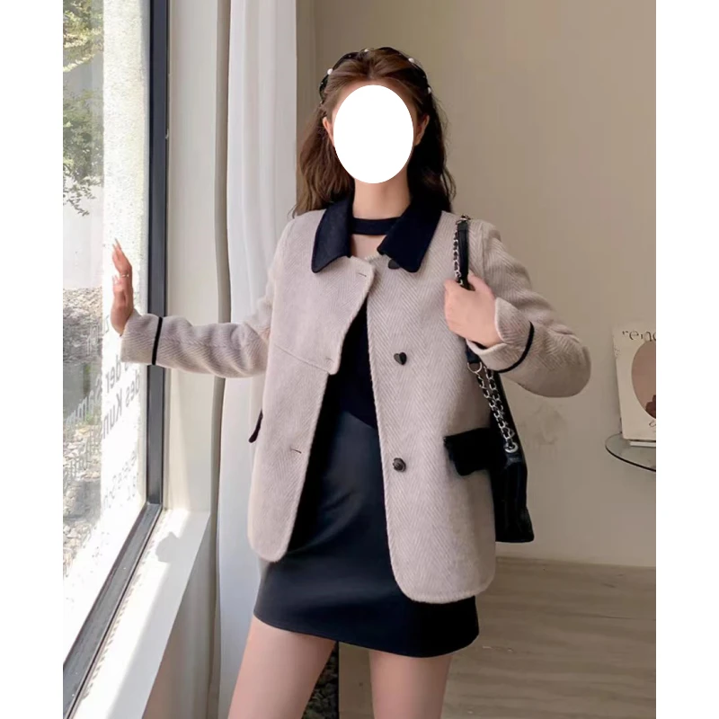 HSTYLE/韩都衣舍小香风女绵羊毛外套韩版拼色短款双面大衣25035