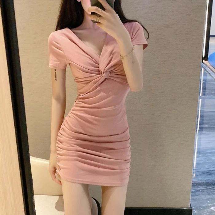 舒C 高级感短袖V领包臀裙夏季修身显瘦气质女人味黑色褶皱连衣裙