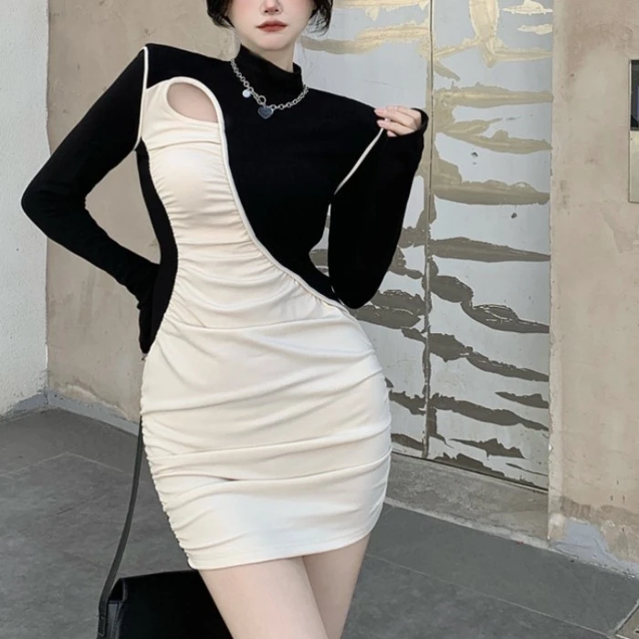 舒C 设计感修身显瘦镂空褶皱打底裙心机拼色半高领辣妹约会连衣裙