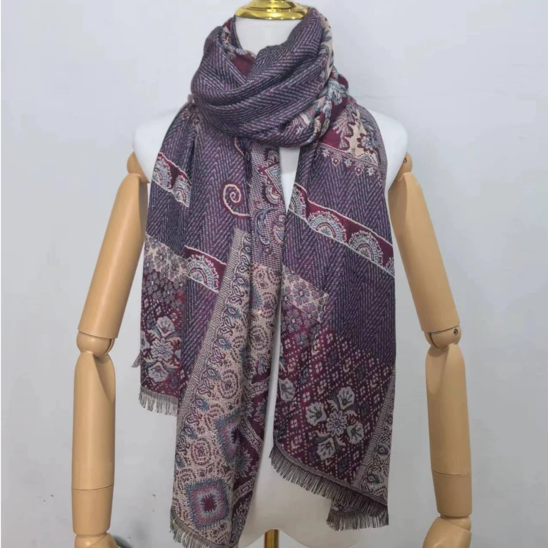 M-037 枣红拼图  织花 欧式70*180cm 时尚百搭长款披肩围巾