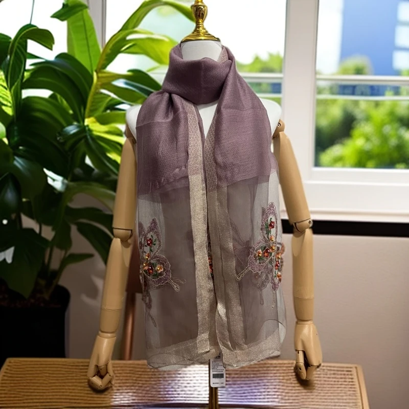 C058 香芋紫刺绣蝴蝶桑蚕丝羊毛围巾时尚百搭围巾丝巾披肩 70*190