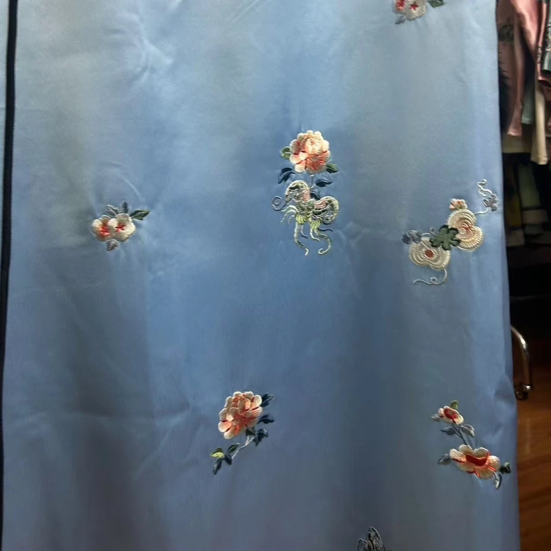 旗袍蓝色女装女士双面中国风双层长款设计师重工刺绣