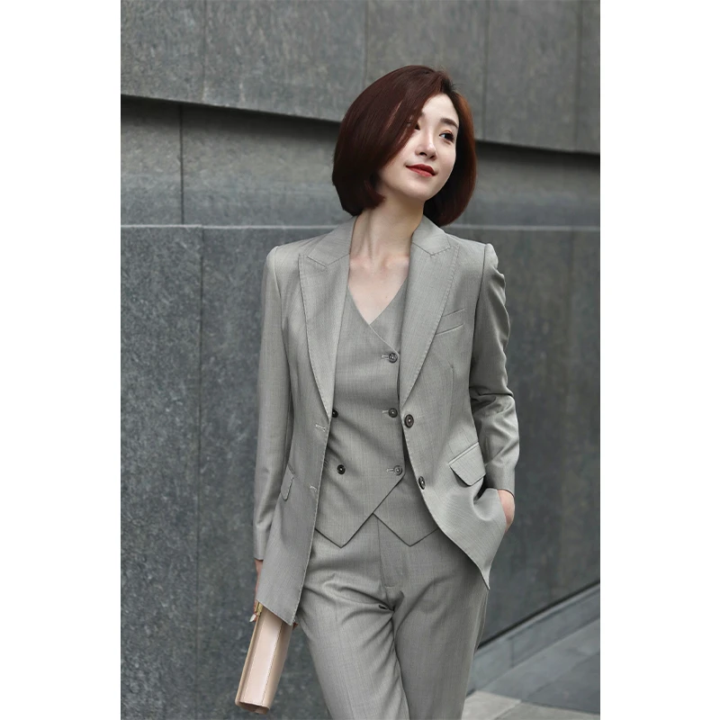 韩版秋冬新款卡其燕麦色西装外套职业修身气质西服马甲套装女灰色