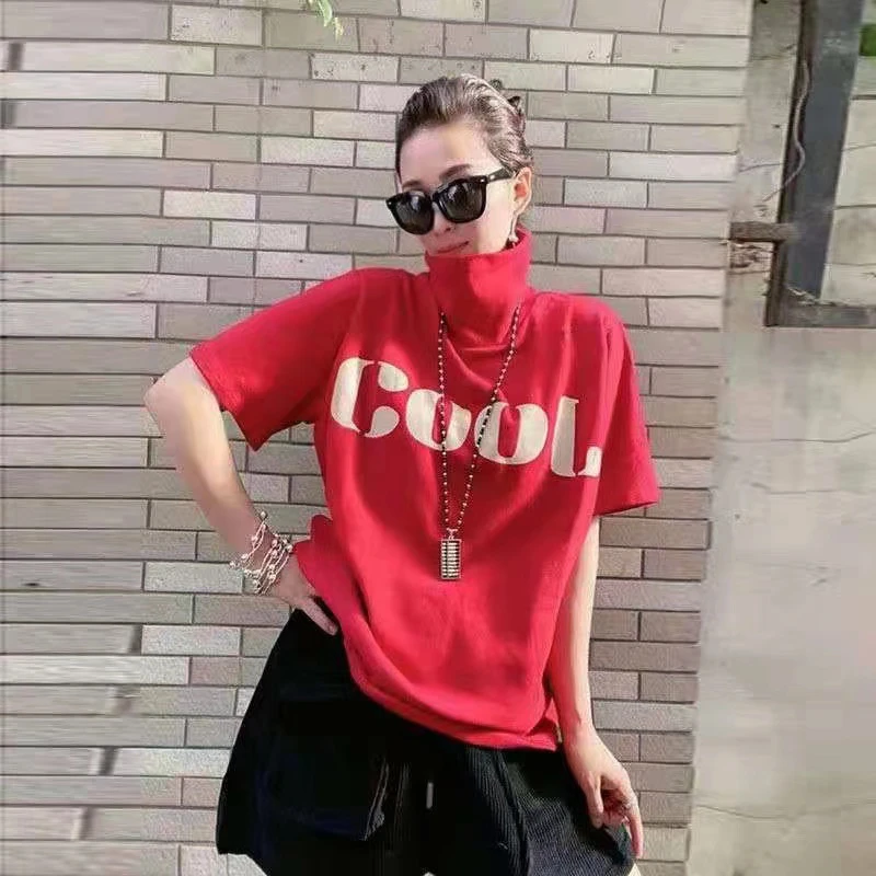 夏季时尚百搭T恤高领中袖宽松显瘦打底衫休闲长袖印花爆款内搭T恤