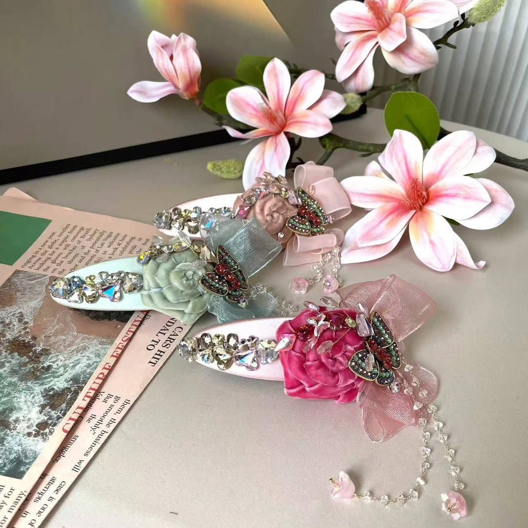 复古花朵发夹女高级感玫瑰花蝴蝶结头饰