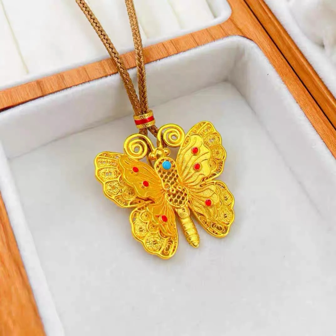 铜合金布艺项链 金色古法花丝蝴蝶项链时尚韦雪同款颈饰百搭饰品