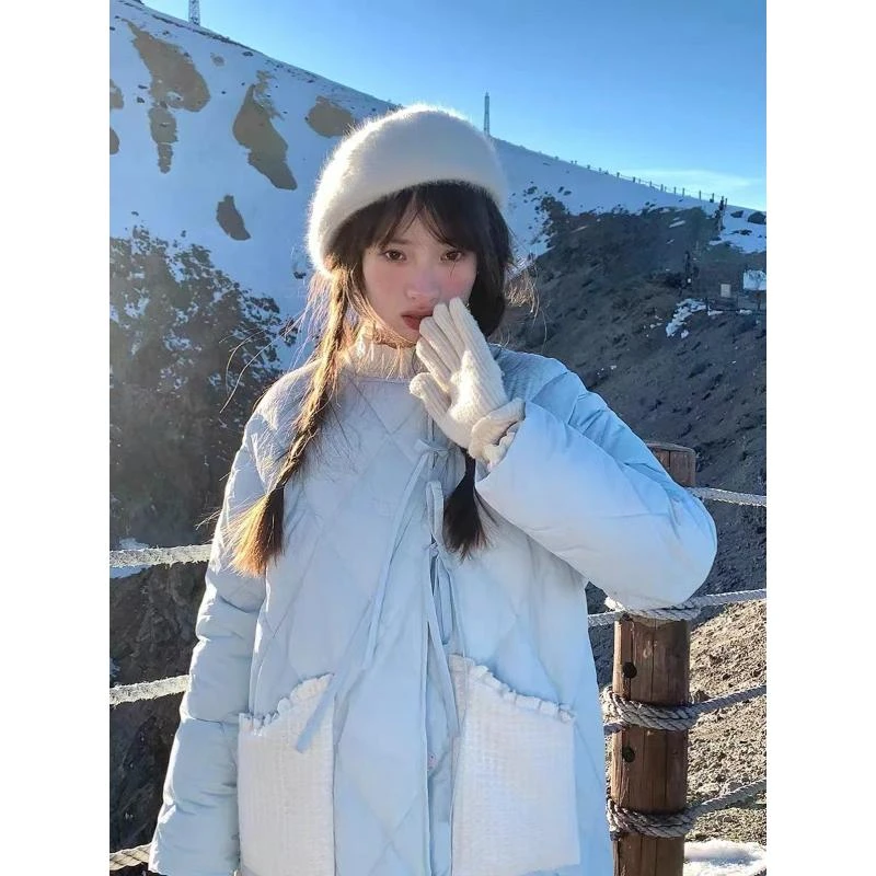 棉服白鸭绒羽绒服冬季蓝色中长款圆领宽松羽绒服外套可拆卸蝴蝶结
