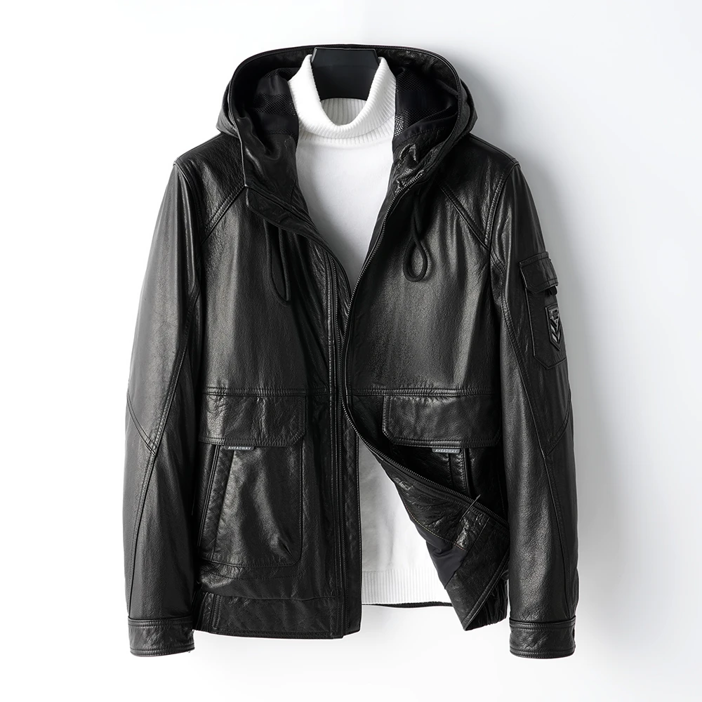 男士真皮连帽外套头层小牛皮加厚内胆冬季新款真皮男士外套
