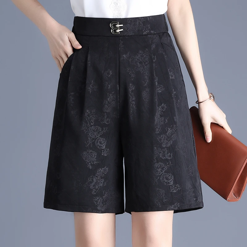 国风提花短裤女五分裤夏季新款直筒阔腿高腰显瘦休闲宽松垂感中裤