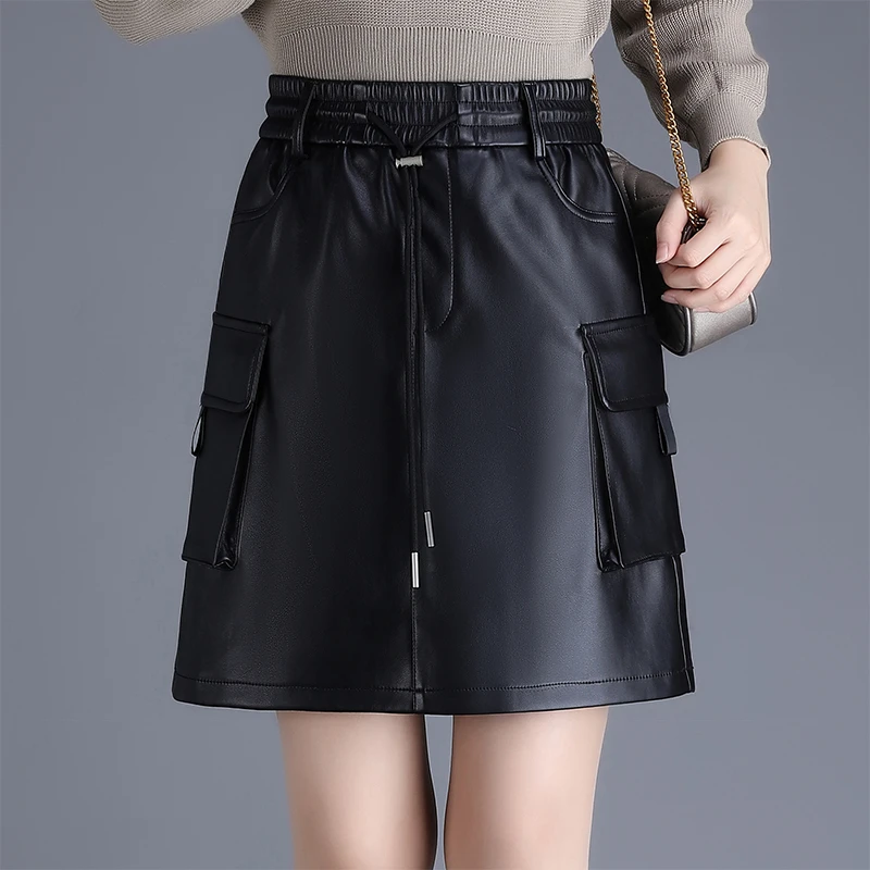 工装皮短裙女士秋冬抽绳高腰显瘦设计感a字宽松休闲半身裙短皮裙