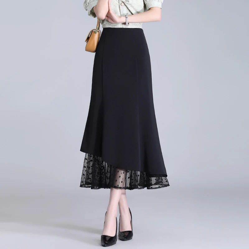 网纱拼接鱼尾裙黑色半身裙2025春秋季中长款高腰气质优雅显瘦半裙