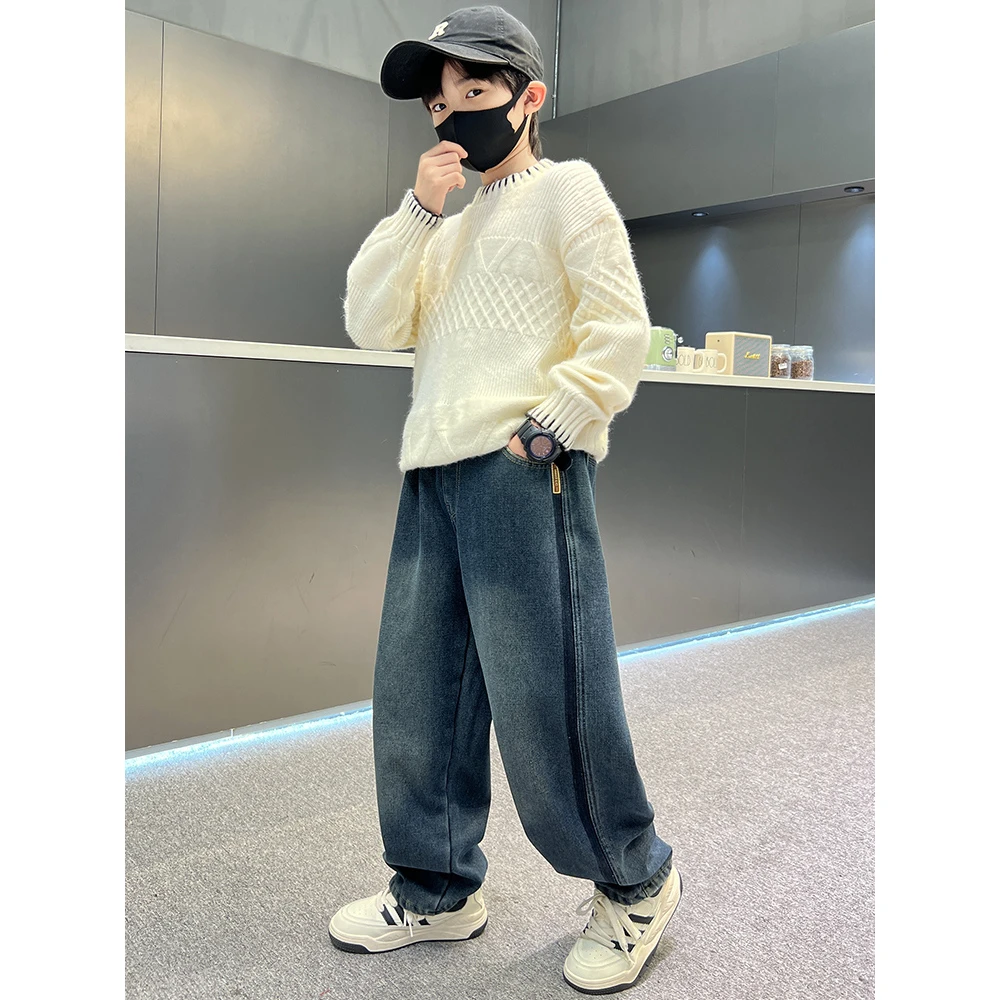 【林林夫妇】2024冬季时尚潮童炸街新款加绒牛仔裤-YH8811U【H】