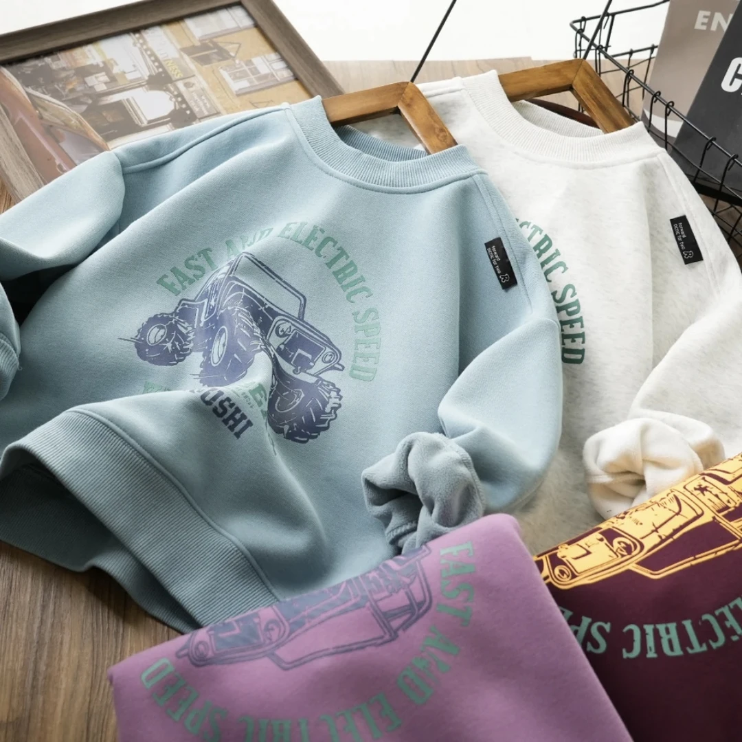 【桐桐妈】儿童小汽车冬季新款中大童休闲百搭印花加绒卫衣6106【H】