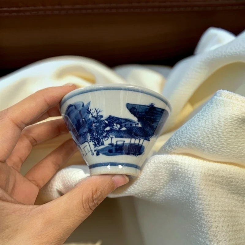 景德镇仿古釉下青花山水斗笠陶瓷主人杯复古品茗功夫茶具容量60