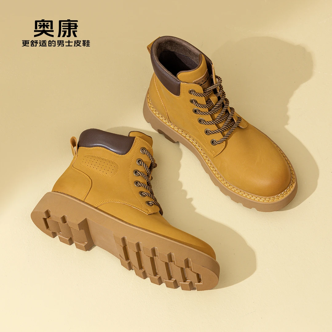 Aokang奥康男鞋冬新款商务休闲中帮时尚百搭高档英伦系带马丁靴