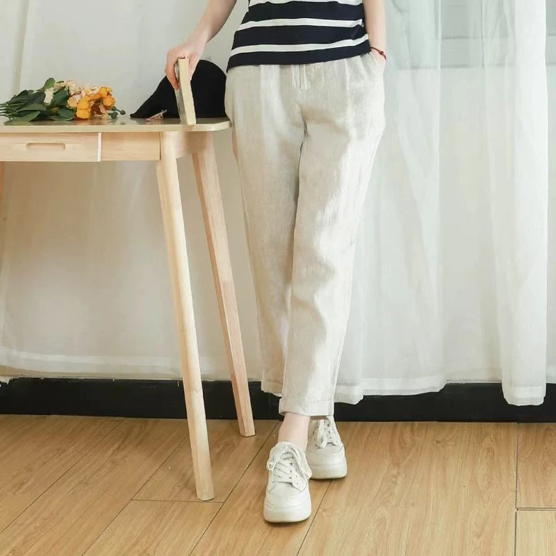 高端苎麻哈伦西装裤女宽松显瘦一粒扣卷边休闲裤(C7-11)20028