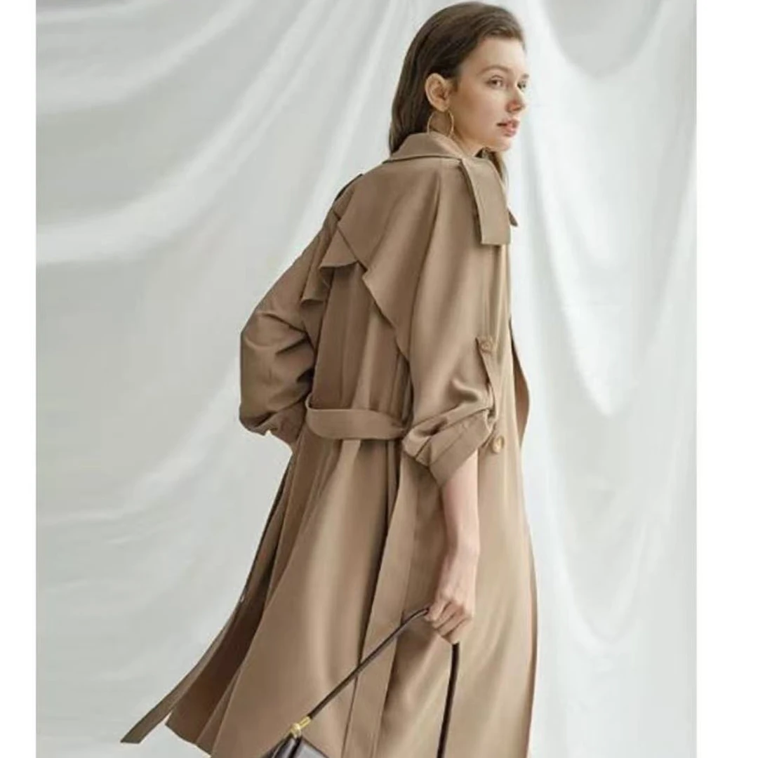 垂坠感赫本风中长款气质通勤翻领百搭风衣外套(B6-1)10029