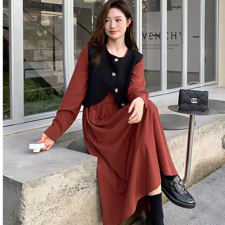 高级感叠穿马甲内搭连衣裙优雅气质时尚两件套装(E8-8)18029