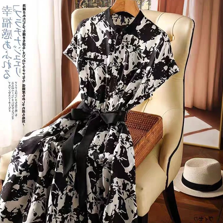 法式浪漫水墨画绝美收腰高级感气质连衣裙Q66（A7-2）