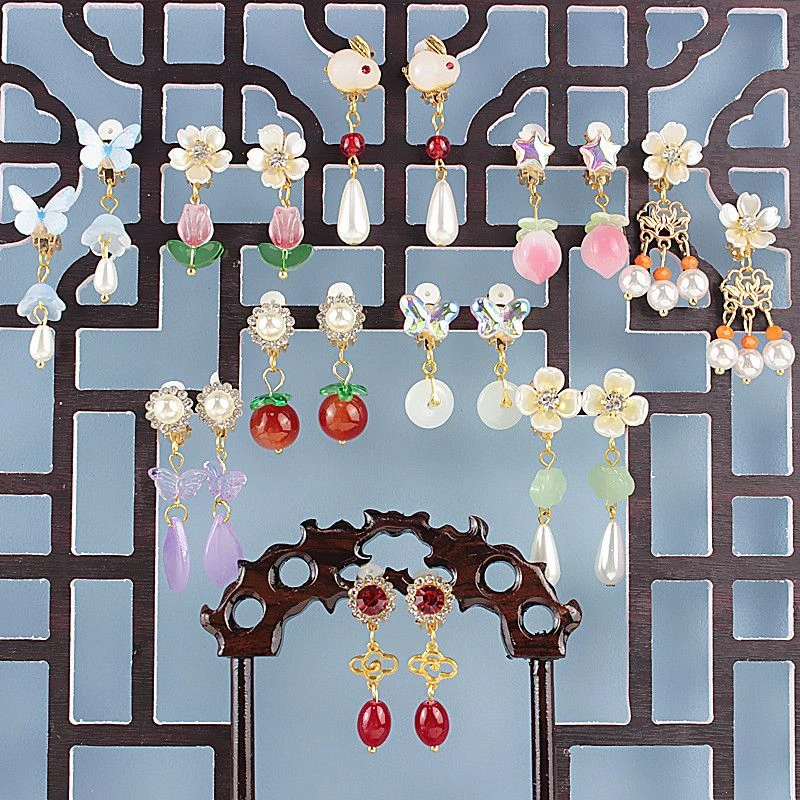 耳夹 自粘女孩国风配饰品女童可爱时尚耳环公主无耳洞耳夹小孩