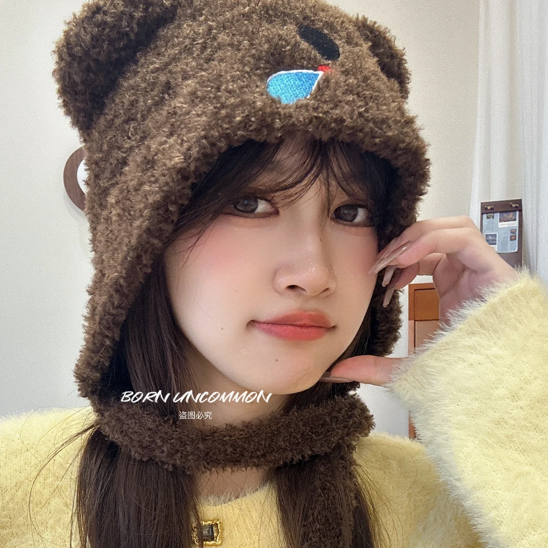 可爱考拉毛绒针织毛线帽子女秋冬季保暖护耳套头帽绑带显脸小加厚