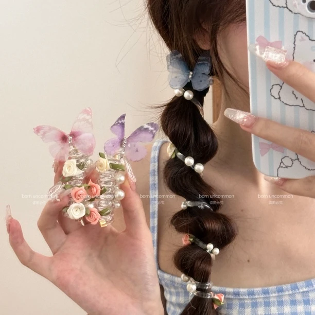 蝴蝶玫瑰电话线发圈宝宝马尾辫神器发绳女童扎头发小女孩头饰