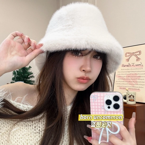 纯色毛绒渔夫帽女冬季保暖显脸小毛茸茸软糯盆帽水桶帽百搭大头围