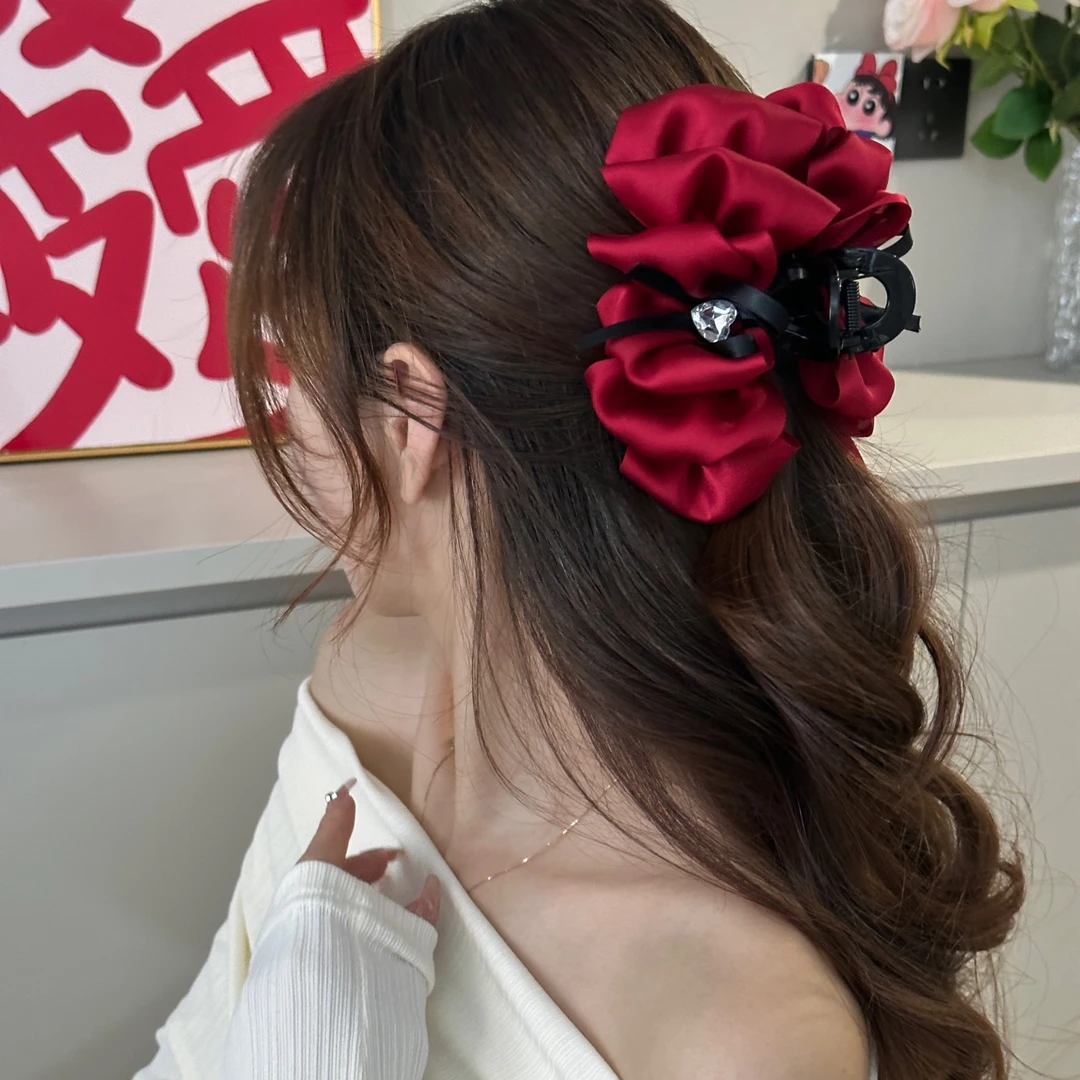 优雅洋气水钻爱心发夹黑色丝带蝴蝶结鲨鱼泡泡抓夹大号高级感盘发