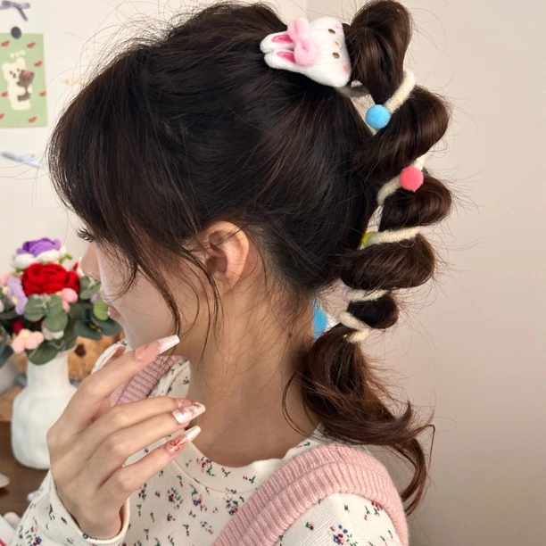 可爱粉色蝴蝶结兔子电话线发圈女高级感高弹力泡泡辫发饰发绳秋冬