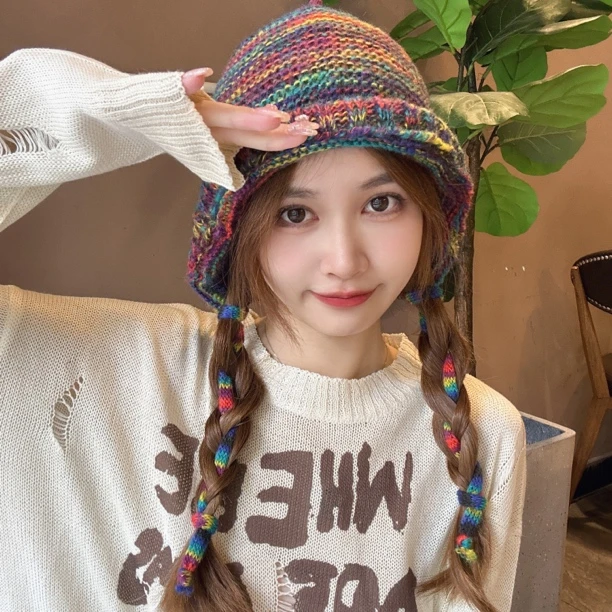 霓虹海复古民族风毛线帽女秋冬百搭保暖护耳雷锋帽针织帽