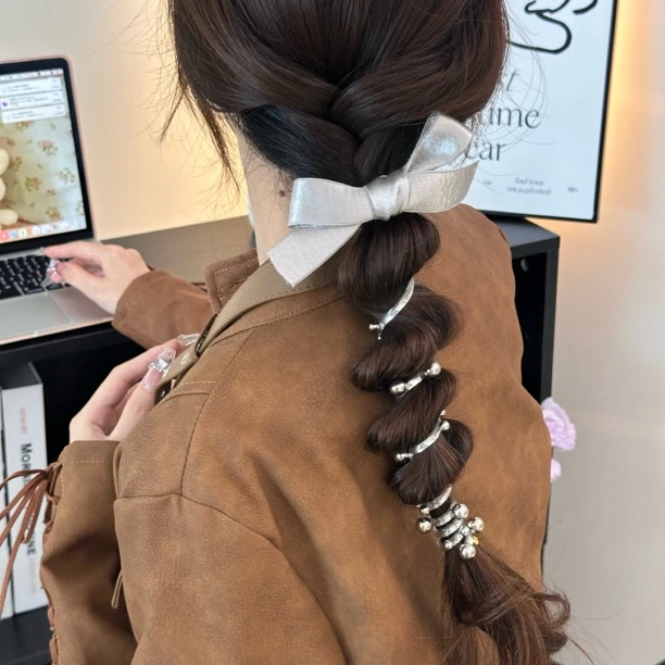 银光闪闪银灰色织带蝴蝶结珠珠电话线直发束发圈发绳