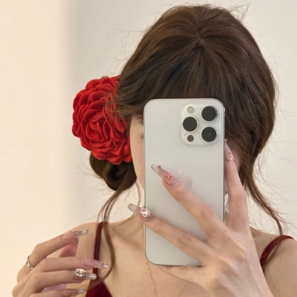 红色复古玫瑰花头饰大红花发夹侧边仿真花朵夹子发卡头花假花发饰