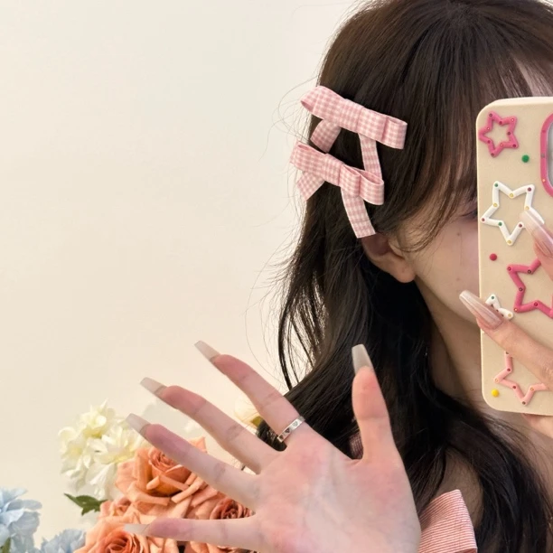 韩系甜美！小清新粉色格子纹对夹小蝴蝶结马尾辫发卡发夹头饰撞色