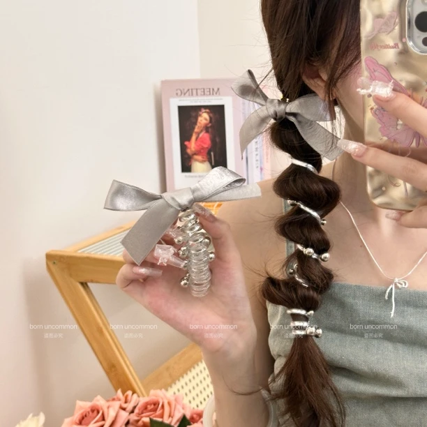 银光闪闪升级银灰色织带蝴蝶结珠珠电话线直发束发圈发绳