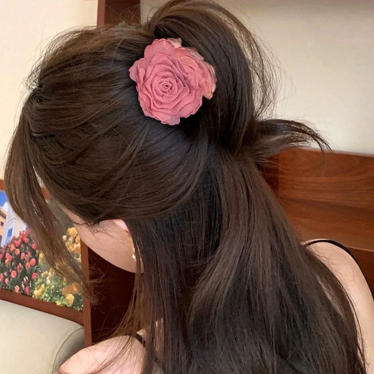 新中式国风粉色玫瑰花发夹女高级感新款花朵小抓夹半扎发头饰