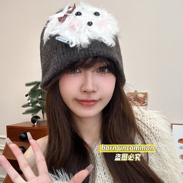 特价 可爱腮红毛绒小狗针织毛线帽子女秋冬季保暖百搭显脸小
