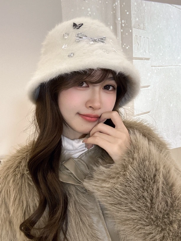 韩剧大女主毛茸茸盆帽钻钻蝴蝶结水桶渔夫帽子显脸小