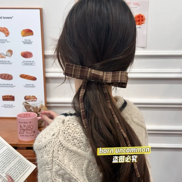 格纹飘带蝴蝶结少女发夹气质半扎发横夹美拉德甜美盘发鸭嘴夹发卡