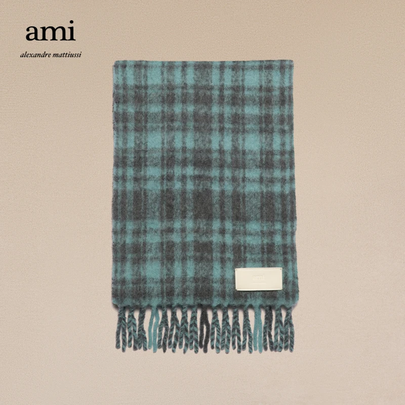 AMIPARIS百搭格纹流苏羊驼毛混纺围巾USF418.AA0003