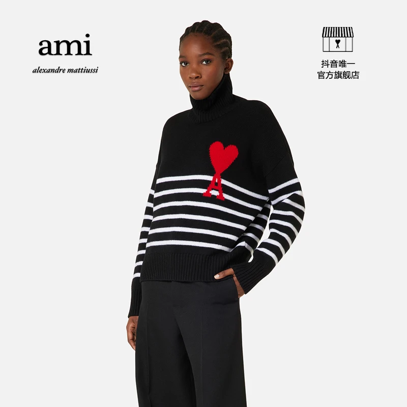 【折扣甄选】AMIPARIS爱心款羊毛条纹休闲高领毛衣H21K229.018
