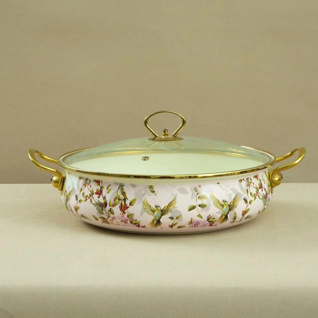 【小宝专属】30cm【花鸟】搪瓷珐琅海鲜锅金边玻璃盖电磁炉明火通用