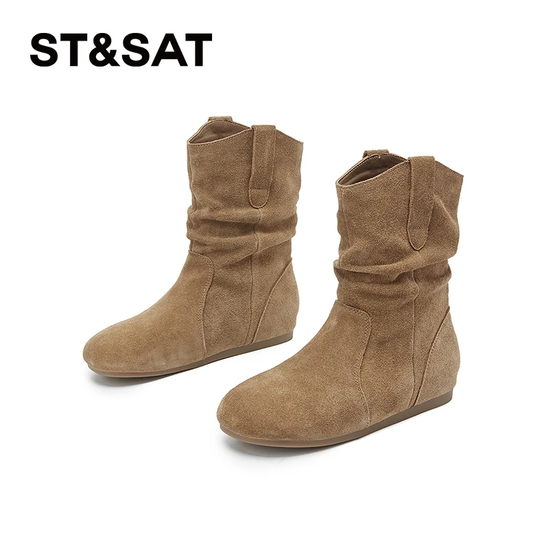 星期六软底简约短靴女2024冬季新款平底舒适保暖复古时尚休闲短靴