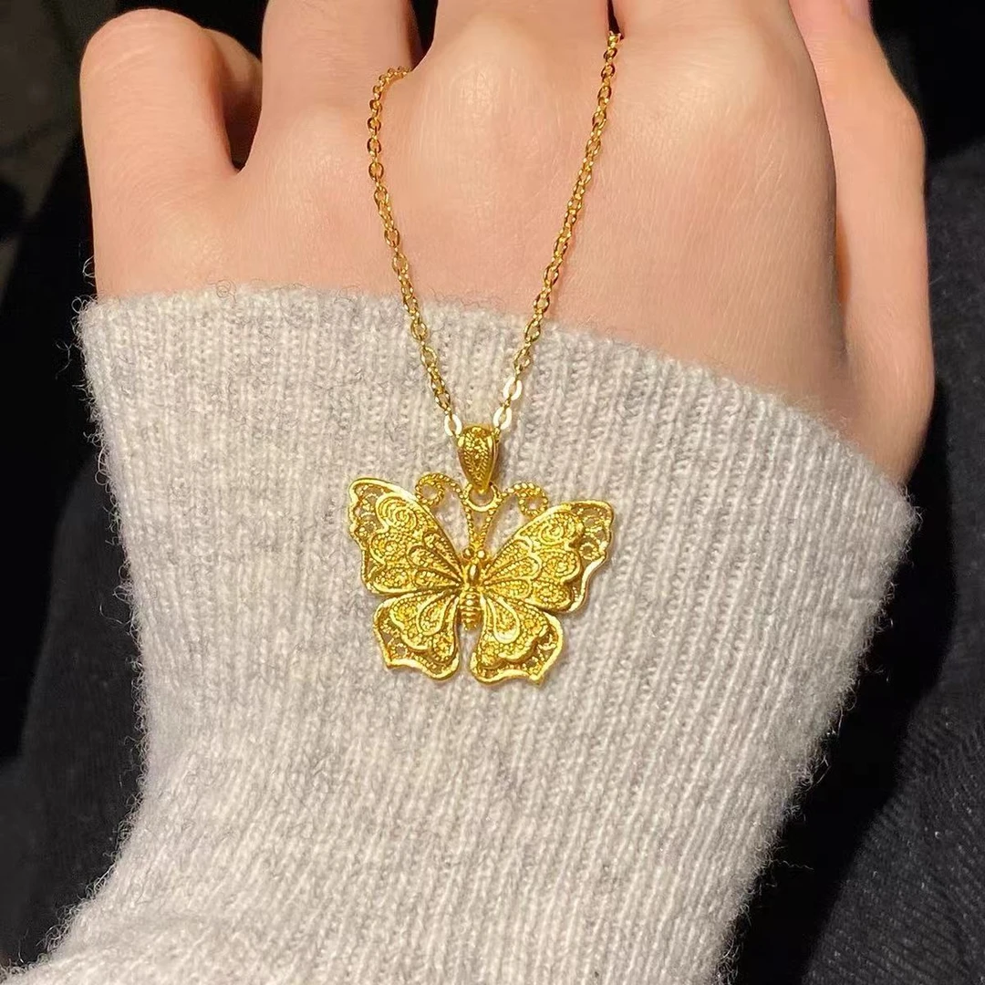 钛钢项链 A-39-国风镂空花丝蝴蝶吊坠精致百搭气质超仙锁骨坠链