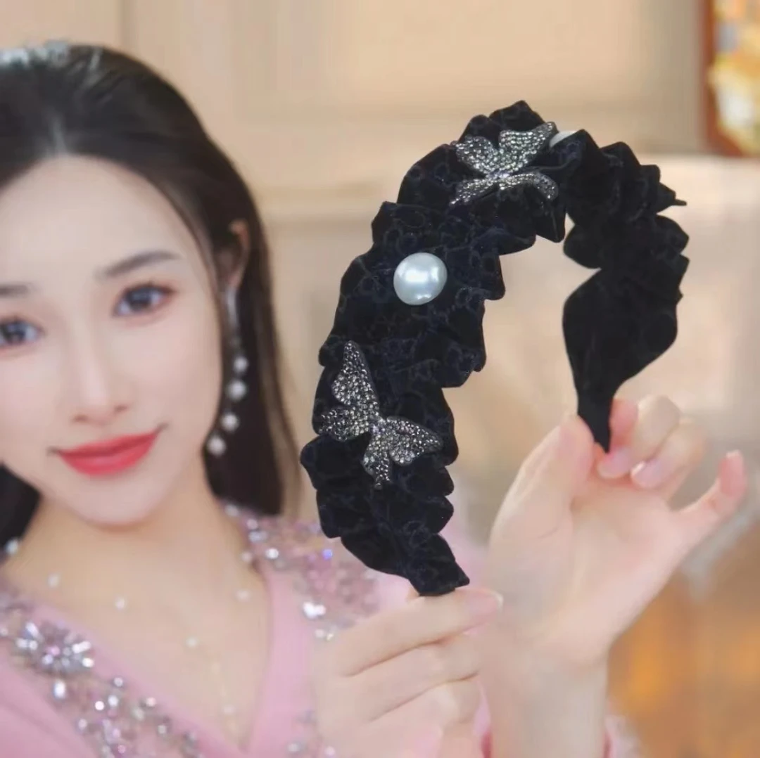 【双尾蝶】秋冬气质百搭时尚复古蝴蝶珠珠发箍甜美丝绒面料头箍饰品
