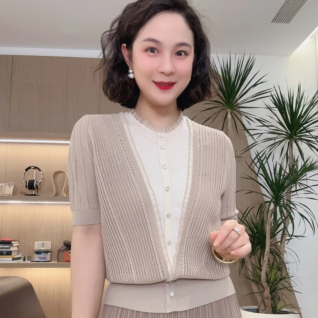 立领假两件针织开衫夏季设计师新款蕾丝气质洋气#24030