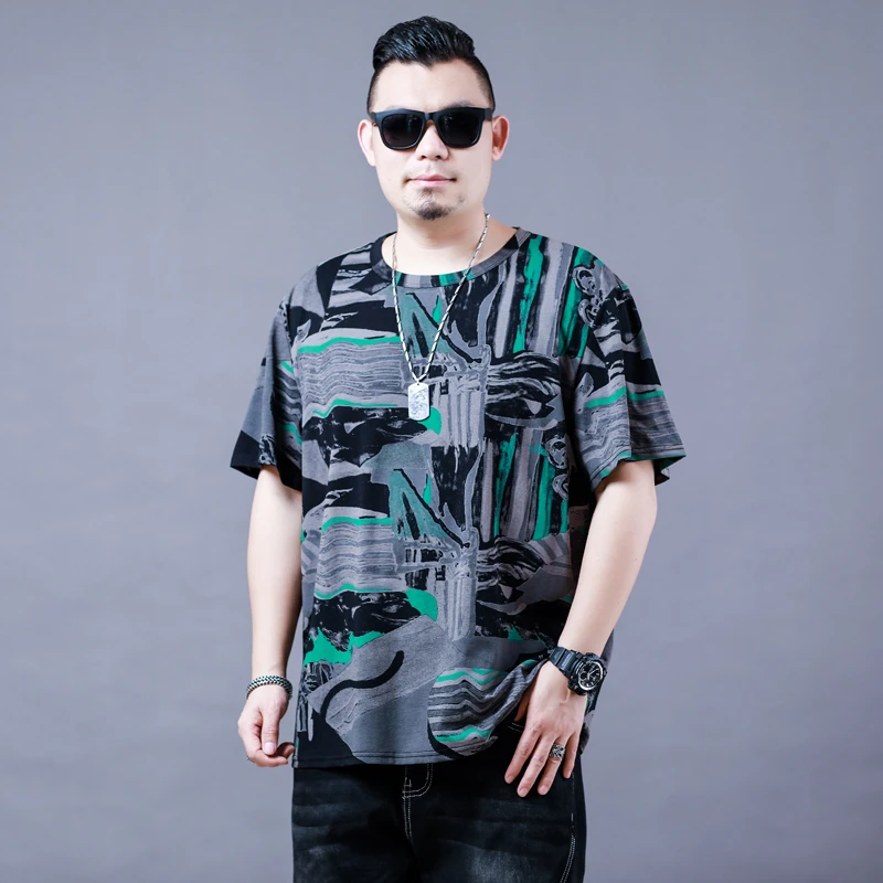 潮流ins大满印花显瘦肥佬胖人夏季薄款短袖上衣宽松大号休闲体恤T