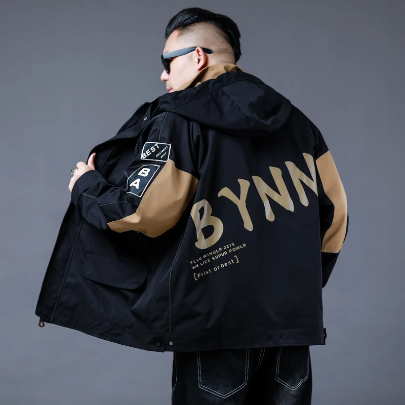春秋潮牌大码男装风衣夹克肥仔加肥加大衣服青春时尚撞色连帽外套