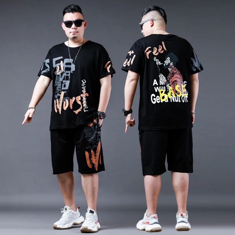 夏天大码男士时尚运动休闲两件套肥佬大版短裤高街hiphop短袖套装