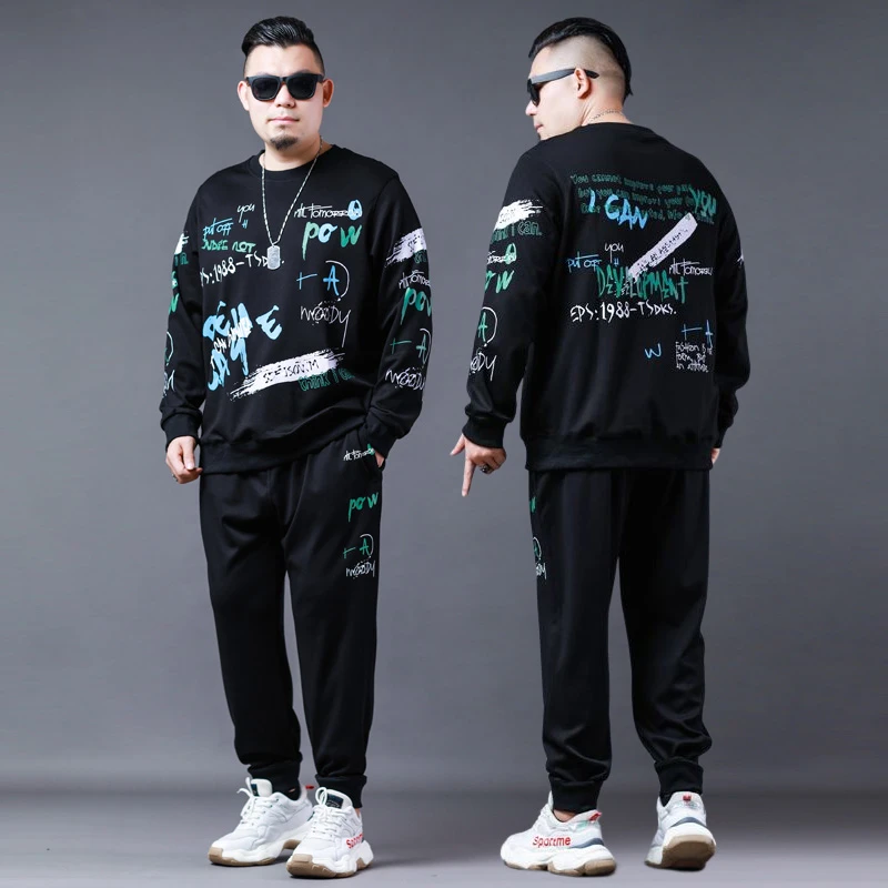 秋季大码潮男圆领卫衣套装胖子宽松印花套头衫青春活力舒适束腿裤