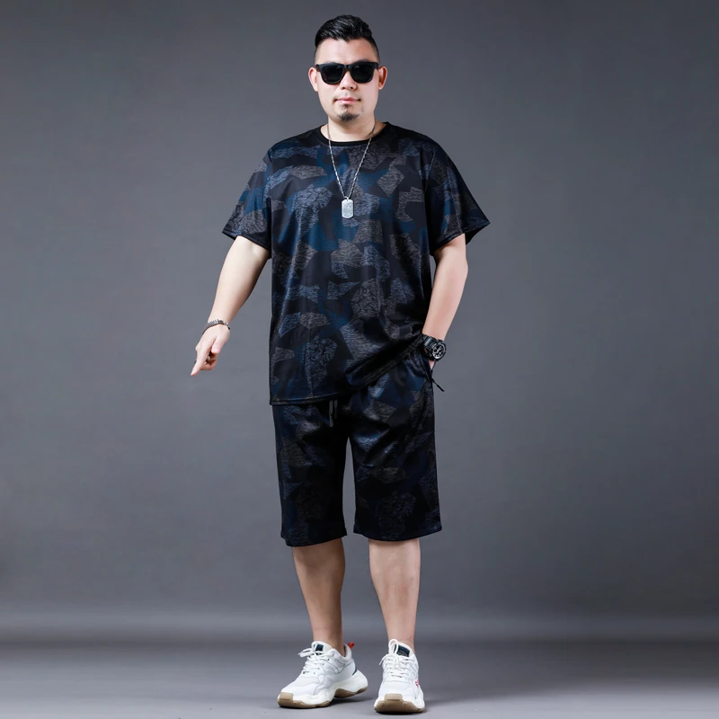 夏装男士大码短袖套装肥佬印花圆领半袖休闲五分裤清凉舒适两件套